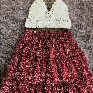 Tiered red/white midi skirt & white crocheted soft bikini / halter